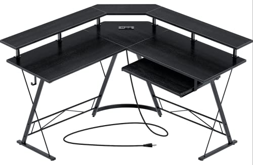 Rolanstar Computer Desk L Shaped, Gaming Desk with Power Outlet, 54” Reversible Desk with Monitor Stand and Keyboard Tray, Home Office Desk with Hook, Black