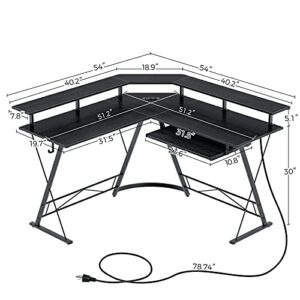 Rolanstar Computer Desk L Shaped, Gaming Desk with Power Outlet, 54” Reversible Desk with Monitor Stand and Keyboard Tray, Home Office Desk with Hook, Black