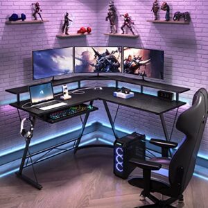 Rolanstar Computer Desk L Shaped, Gaming Desk with Power Outlet, 54” Reversible Desk with Monitor Stand and Keyboard Tray, Home Office Desk with Hook, Black