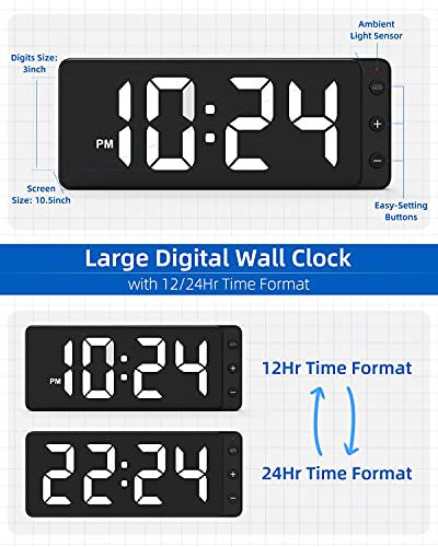 LED Digital Wall Clock with Large Display, Big Digits, Auto-Dimming, 12/24Hr Format, Battery Backup, Silent Wall Clock for Farmhouse, Kitchen, Living Room, Bedroom, Classroom, Office – White