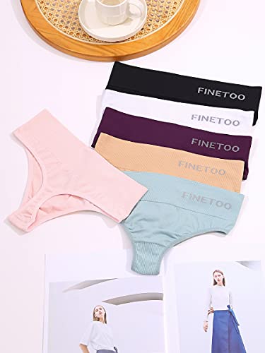 FINETOO 6 Pack High Waisted Thongs for Women, Nylon Spandex Panties Breathable Soft Stretchy Underwear High Rise S-XL (L)