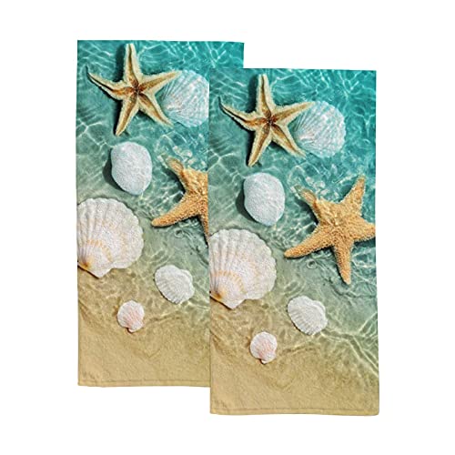 My Daily Seashells Starfish Hand Towel Set of 2, Beach Nautical Face Towel Thin Washcloths 30x15 inch, Portable Absorbent Soft Towels for Gym Yoga Spa Bathroom Decor