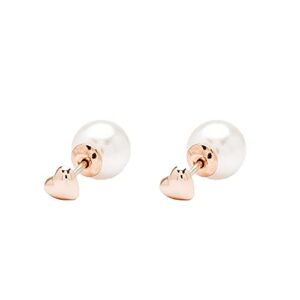 pura vida rose gold-plated pearl & heart double-sided stud earrings - brass base, sterling silver posts - 1 pair