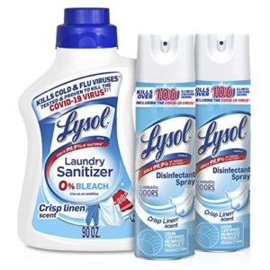 lysol laundry sanitizer, antibacterial fabric sanitizer, crisp linen, 90oz + lysol disinfectant spray for sanitizing and antibacterial , crisp linen, 19 fl oz. (pack of 2)
