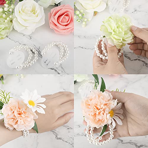 4 Pieces Elastic Pearl Wrist Bands Wristlets Corsage Accessories and 15 Pairs Floral Boutonniere Magnets Corsage Brooches Magnets with 2 Rolls Green Floral Tape for Handmade Wedding Bride Boutonnieres