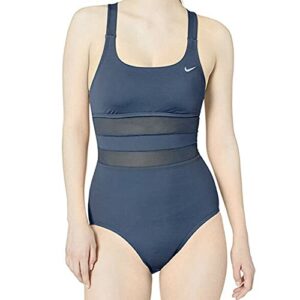 nike womens mesh solid edge v-back one piece swimsuit (x-large, navy)