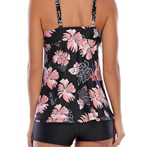 Tankini Swimsuits for Women Two Piece Bathing Suits Floral Print Tank Top with Boyshorts Tummy Control Swimming Suits Pink Print 16-18