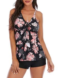 tankini swimsuits for women two piece bathing suits floral print tank top with boyshorts tummy control swimming suits pink print 16-18