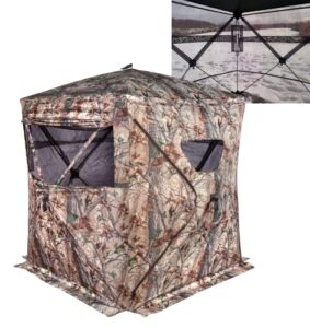 muddy outdoors hunting easy set-up portable concealable black-backed water resistant epic camo prevue ground blind, 2-person