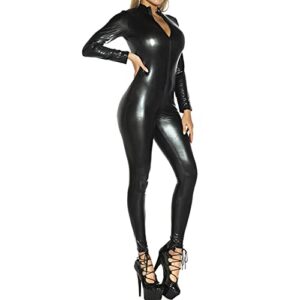 leesuo women's sexy shiny wetlook faux leather long sleeve zipper crotch bodysuit catsuit jumpsuit clubwear black xx-large