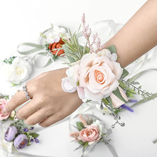 Campsis Wedding Handmade Wrist Flower Corsage Pink Leave Ribbon Bride Wristlet for Bridal Bridesmaid Prom Party Beach Photography 2PCS