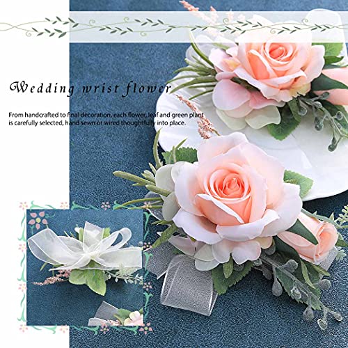 Campsis Wedding Handmade Wrist Flower Corsage Pink Leave Ribbon Bride Wristlet for Bridal Bridesmaid Prom Party Beach Photography 2PCS