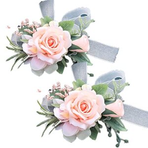 Campsis Wedding Handmade Wrist Flower Corsage Pink Leave Ribbon Bride Wristlet for Bridal Bridesmaid Prom Party Beach Photography 2PCS