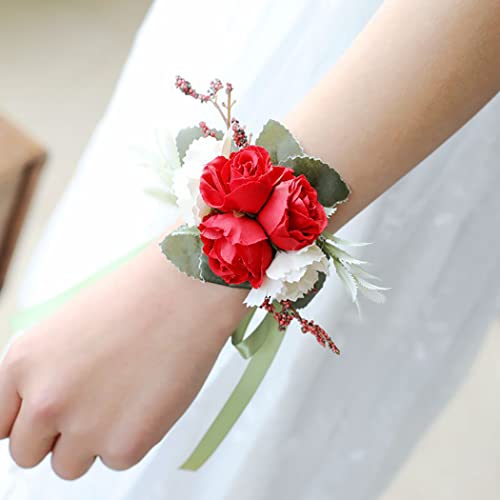 Campsis Wedding Wrist Flower Corsage Red Handmade Floarl Hand Flower Bride Bridal Artificial Wristlet for Prom Party Beach Photography 2PCS