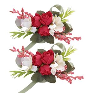 Campsis Wedding Wrist Flower Corsage Red Handmade Floarl Hand Flower Bride Bridal Artificial Wristlet for Prom Party Beach Photography 2PCS