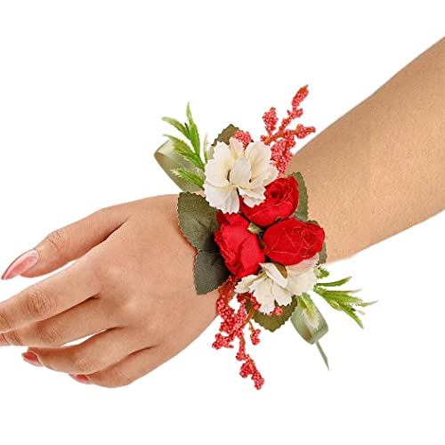 Campsis Wedding Wrist Flower Corsage Red Handmade Floarl Hand Flower Bride Bridal Artificial Wristlet for Prom Party Beach Photography 2PCS