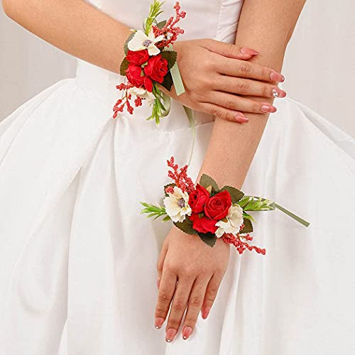 Campsis Wedding Wrist Flower Corsage Red Handmade Floarl Hand Flower Bride Bridal Artificial Wristlet for Prom Party Beach Photography 2PCS