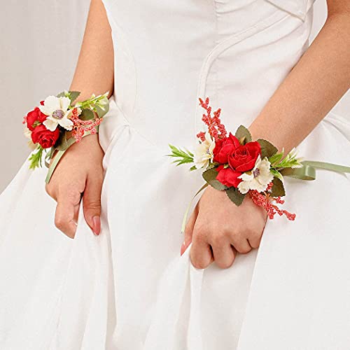 Campsis Wedding Wrist Flower Corsage Red Handmade Floarl Hand Flower Bride Bridal Artificial Wristlet for Prom Party Beach Photography 2PCS