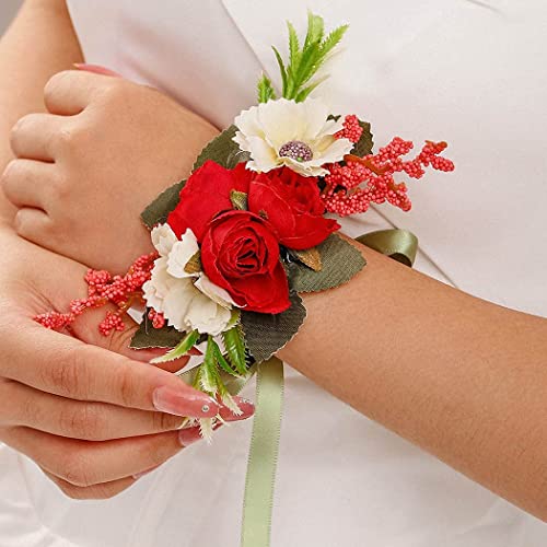 Campsis Wedding Wrist Flower Corsage Red Handmade Floarl Hand Flower Bride Bridal Artificial Wristlet for Prom Party Beach Photography 2PCS