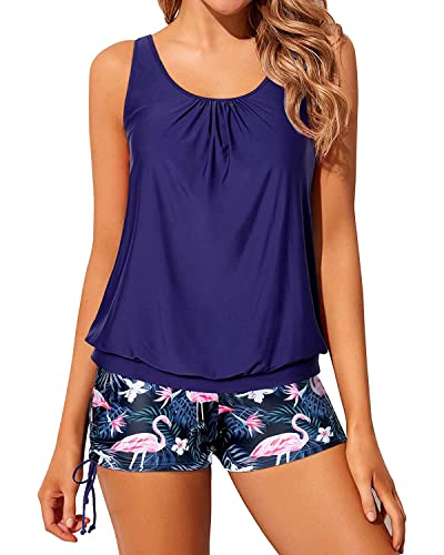 Yonique Blouson Tankini Swimsuits for Women 2 Piece Flamingo Bathing Suits Tops with Boyshorts Modest Loose Fit Swimwear M