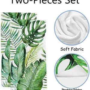 Vantaso Bath Hand Towels Face Terry Towel Washcloth Couple Bathroom Set of 2 Green Tropical Palm & Fern Leaves Kitchen Decor Soft Quick Dry Super Absorbent 30 X 15 inch