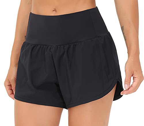 THE GYM PEOPLE Womens High Waisted Running Shorts Quick Dry Athletic Workout Shorts with Mesh Liner Zipper Pockets (Black, Large)