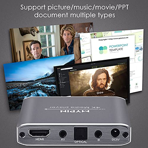4K Media Player with Remote Control, Digital MP4 Player for 8TB HDD/USB Drive/TF Card/H.265 MP4 PPT MKV AVI Support HDMI/AV/Optical Out and USB Mouse/Keyboard-HDMI up to 7.1 Surround Sound (Grey)