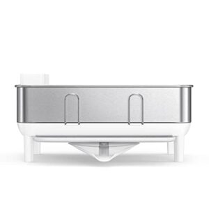 simplehuman Compact Kitchen Dish Drying Rack with Swivel Spout, Fingerprint-Proof Stainless Steel Frame, White Plastic