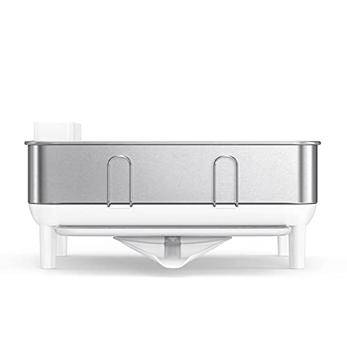 simplehuman Compact Kitchen Dish Drying Rack with Swivel Spout, Fingerprint-Proof Stainless Steel Frame, White Plastic