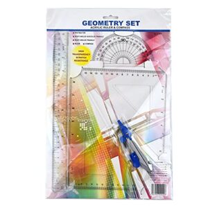 Coopay 12 Inch Math Geometry Tool Plastic Ruler Set Includes Straight Ruler, Triangle Ruler, Protractor, Compass, Pencil Lead, Pencil Sharpener for Student School Home Office Supplies