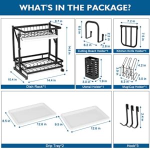 WDT Dish Drying Rack, 2 Tier Stainless Steel Dish Rack and Drainboard Set for Kitchen Counter,Foldable Compact Small Dish Drainer with Utensil Cutting Board Cup Knife Holder,Large Capacity,Black