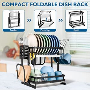 WDT Dish Drying Rack, 2 Tier Stainless Steel Dish Rack and Drainboard Set for Kitchen Counter,Foldable Compact Small Dish Drainer with Utensil Cutting Board Cup Knife Holder,Large Capacity,Black