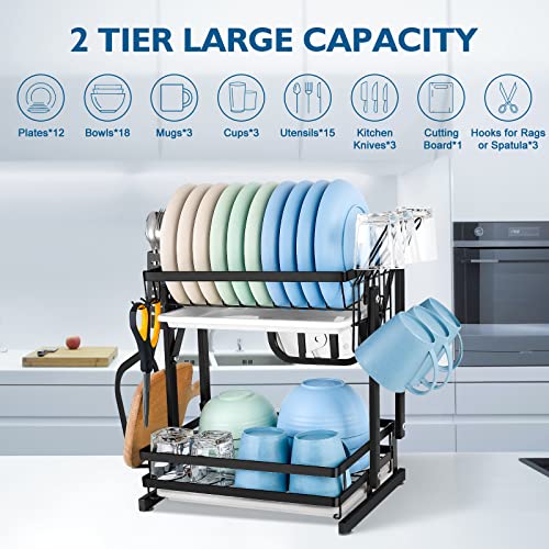 WDT Dish Drying Rack, 2 Tier Stainless Steel Dish Rack and Drainboard Set for Kitchen Counter,Foldable Compact Small Dish Drainer with Utensil Cutting Board Cup Knife Holder,Large Capacity,Black