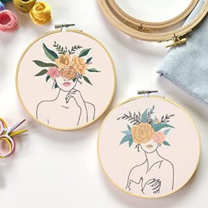 Santune 4 Pack Embroidery kit with Patterns and Instructions,DIY Beginner Cross Stitch Kits for Adults, with 4 Embroidery Clothes Women and Flower Pattern,2 Embroidery Hoops, Color Threads and Needles