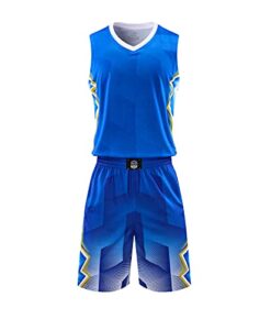 topeter men’s basketball jersey and shorts team uniform with pockets sportswear uniform blue 2xl