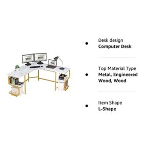 Teraves Modern L Shaped Desk with Shelves,64.84" Computer Desk/Gaming Desk for Home Office,Corner Desk with Large Desktop (White Marbling+ Gold Frame, Large+4 Tier Shelves)