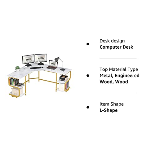 Teraves Modern L Shaped Desk with Shelves,64.84" Computer Desk/Gaming Desk for Home Office,Corner Desk with Large Desktop (White Marbling+ Gold Frame, Large+4 Tier Shelves)