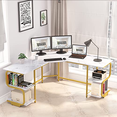 Teraves Modern L Shaped Desk with Shelves,64.84" Computer Desk/Gaming Desk for Home Office,Corner Desk with Large Desktop (White Marbling+ Gold Frame, Large+4 Tier Shelves)