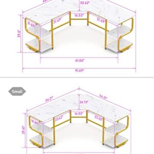 Teraves Modern L Shaped Desk with Shelves,64.84" Computer Desk/Gaming Desk for Home Office,Corner Desk with Large Desktop (White Marbling+ Gold Frame, Large+4 Tier Shelves)