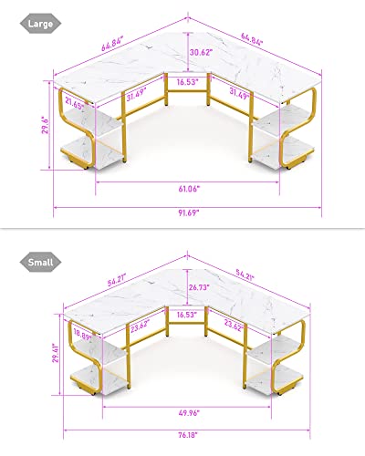 Teraves Modern L Shaped Desk with Shelves,64.84" Computer Desk/Gaming Desk for Home Office,Corner Desk with Large Desktop (White Marbling+ Gold Frame, Large+4 Tier Shelves)