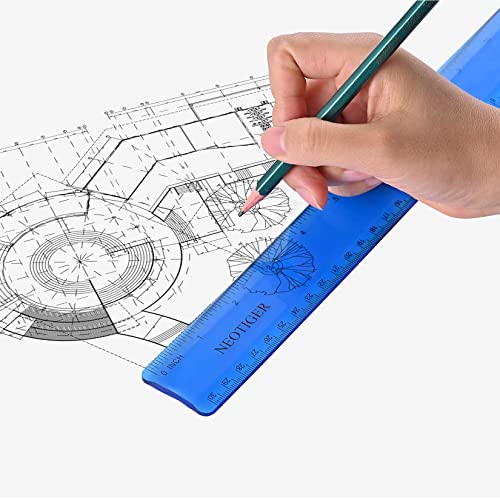 Neotiger Flexible Shatterproof Bendable Unbreakable Safe Soft Transparent Clear Plastic Straight Flat Ruler, 30 cm/12 inch. Set of 2, Clear and Blue, for Home, School, Office, for kids and Adults