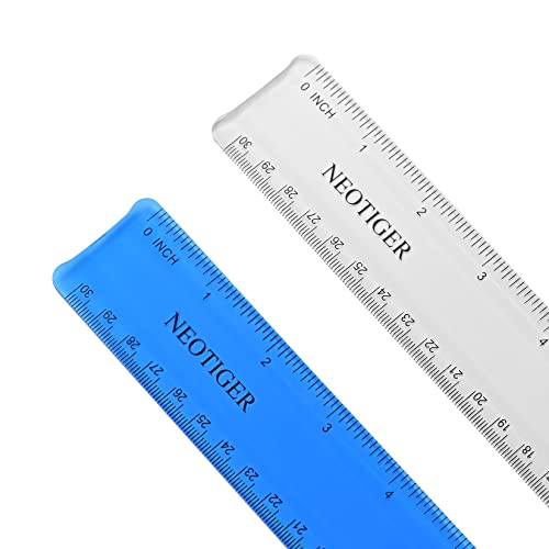 Neotiger Flexible Shatterproof Bendable Unbreakable Safe Soft Transparent Clear Plastic Straight Flat Ruler, 30 cm/12 inch. Set of 2, Clear and Blue, for Home, School, Office, for kids and Adults