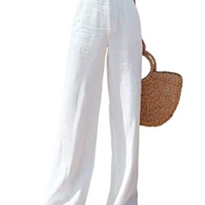 Hooever Womens Casual High Waisted Wide Leg Pants Button Up Straight Leg Trousers (White, M)