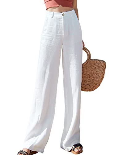 Hooever Womens Casual High Waisted Wide Leg Pants Button Up Straight Leg Trousers (White, M)