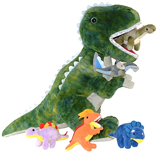 DreamsBe Dinosaur Stuffed Animal T-Rex and 5 Little Dinos for Boys & Girls - Plush Stuffie with Zippered Pocket Eating Dinosaurs Gift Ages 3 4 6 7 8 9 Years