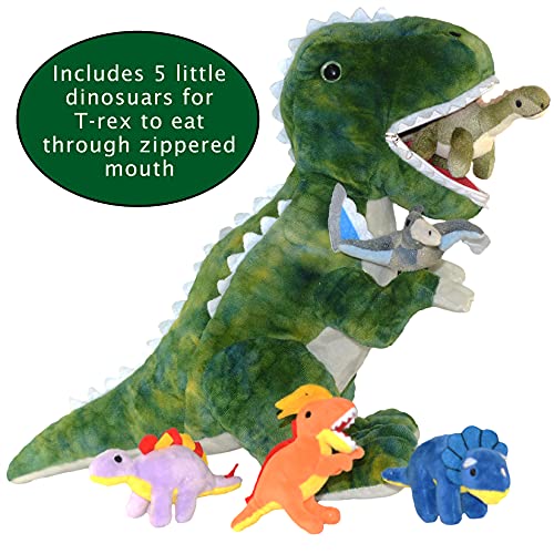 DreamsBe Dinosaur Stuffed Animal T-Rex and 5 Little Dinos for Boys & Girls - Plush Stuffie with Zippered Pocket Eating Dinosaurs Gift Ages 3 4 6 7 8 9 Years