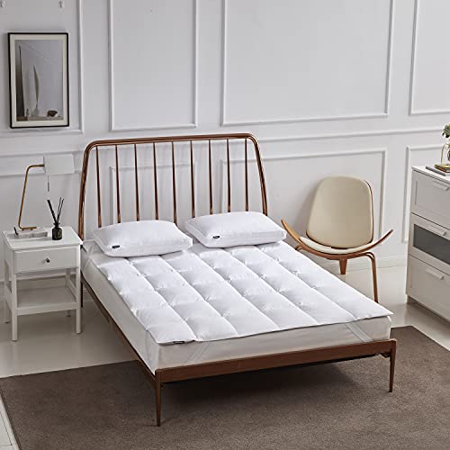 Beautyrest White Feather Down Mattress Topper King Size - 233 Thread Count Tencel/Cotton Blend Featherbed Cover with Elasticized Anchor Bands Mattress Pad