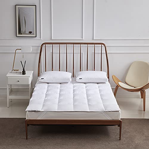 Beautyrest White Feather Down Mattress Topper King Size - 233 Thread Count Tencel/Cotton Blend Featherbed Cover with Elasticized Anchor Bands Mattress Pad