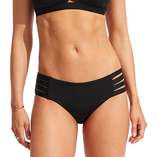 Seafolly Women's Standard Multi Strap Hipster Full Coverage Bikini Bottom Swimsuit, Eco Collective Black, 2