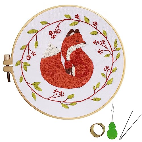 mopulo Embroidery Kit for Adults Beginners Starter Cross Stich Kit with Fox Pattern Stamped Embroidery Cloth Hoops Threads Needles Easy Handmade Needlepoint Kits,Fox